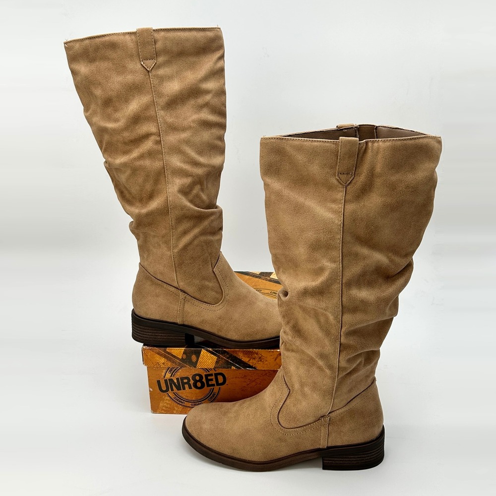 Womens Knee High Heeled Boots UNR8ED Rowe 2 Sz. 8.5 Wide Calf Tan Faux Suede NEW